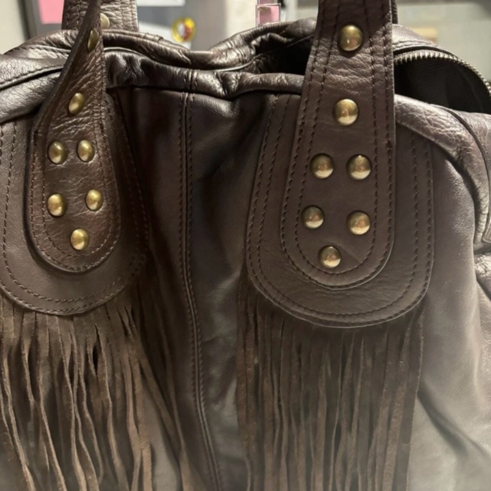 Fringe Accent Dark Brown Leather Tote Bag - Picture 4 of 9